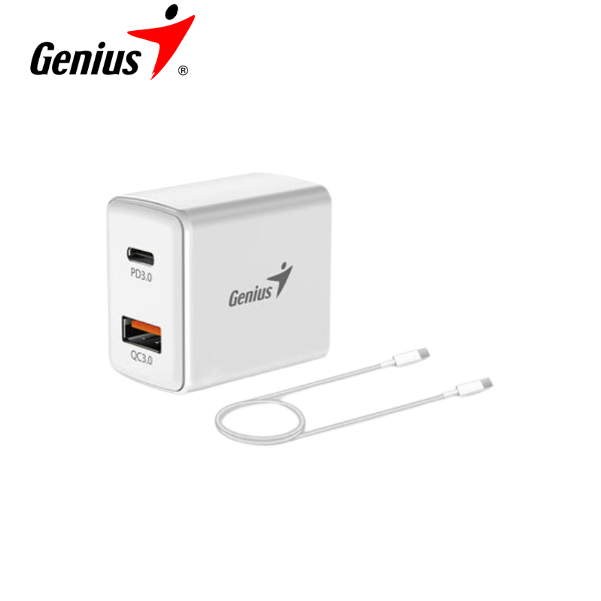 Cargador de Paded Genius PD-20ACP 20W Fast Charge 1 USB-C 1 USB-A White + Cable Genius 3A USB-C A USB-C White