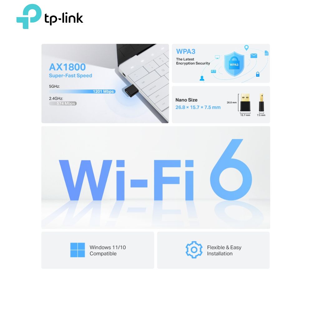 Adaptador Inalámbrico Wi-Fi 6, USB Tp-Link Archer TX20U Nano, AX1800, Dual Band.