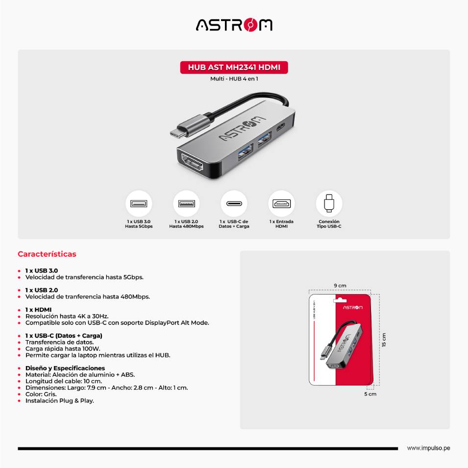 Hub USB 3.0 Astrom MH2371, 2Ports Type-c, 1Port 3.0, 4Ports 2.0.