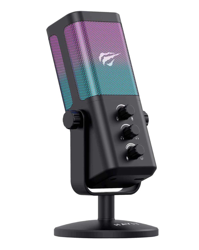 Micrófono Havit GK65, Cardioide, RGB, White, USB.