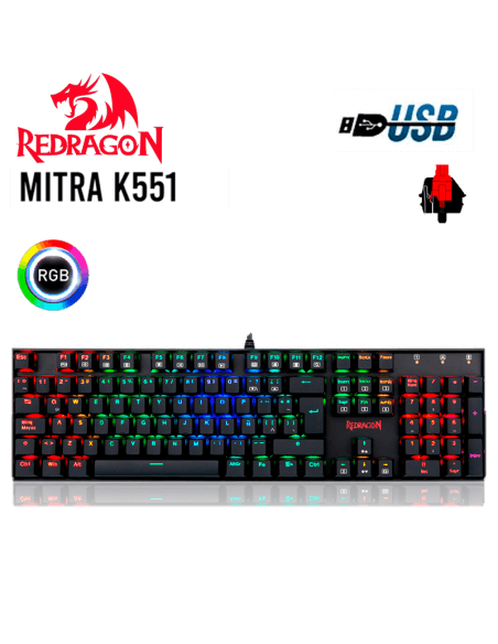 Teclado Mecánico Redragon MITRA K551-RGB Black, Switch Red, Español