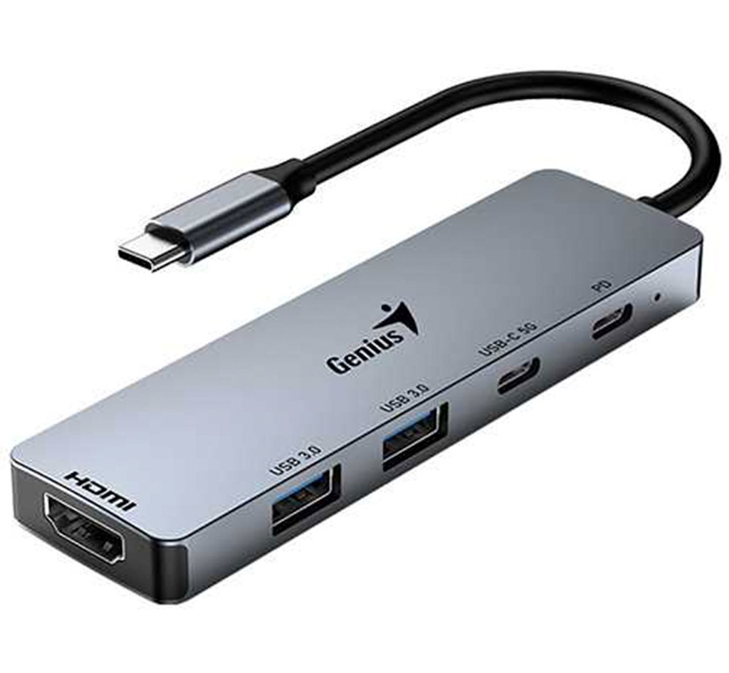 Hub USB-C Genius UH-500 2 USB-A 3.0 / 1 USB-C / 1 HDMI 4K Power Delivery 100W, Silver.