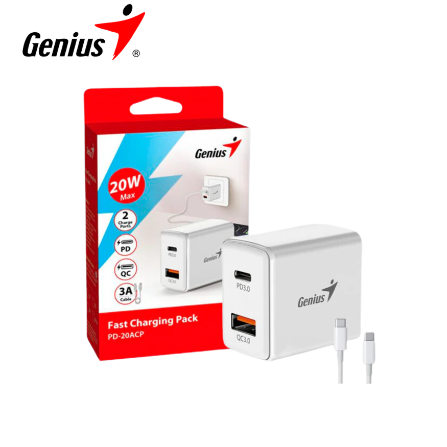 Cargador de Paded Genius PD-20ACP 20W Fast Charge 1 USB-C 1 USB-A White + Cable Genius 3A USB-C A USB-C White