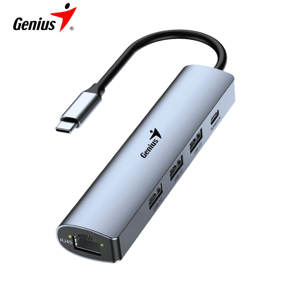 Hub USB-C Genius UH-545, Gigabit Ethernet / 1 USB-C / 3 USB-A 3.0, Silver.