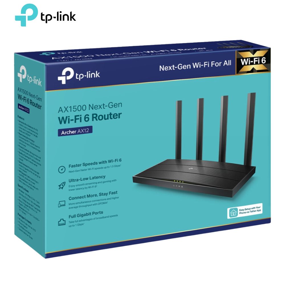 Router Inalámbrico TP-Link, Archer AX12 (AX1500), WI-FI 6, Dual Band, 1201 Mbps (5Ghz) 300 Mbps (2.4Ghz).