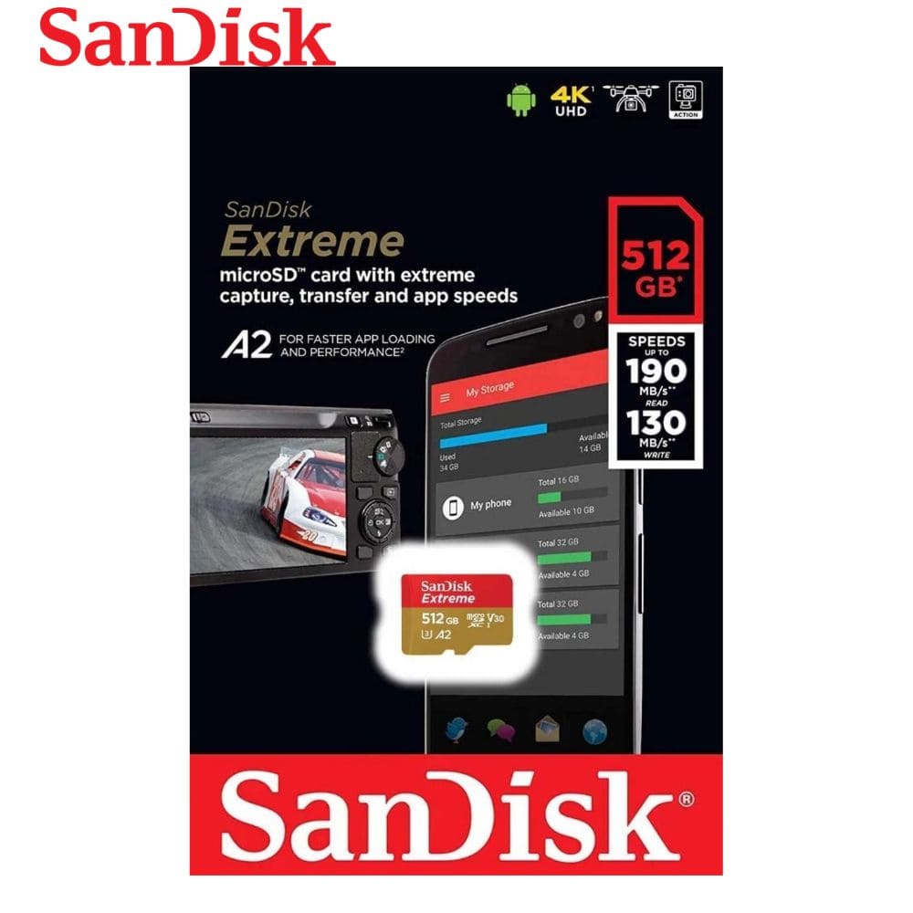 Memoria SanDisk Extreme MicroSD, 512GB, UHS-I U3, con Adaptador SD.