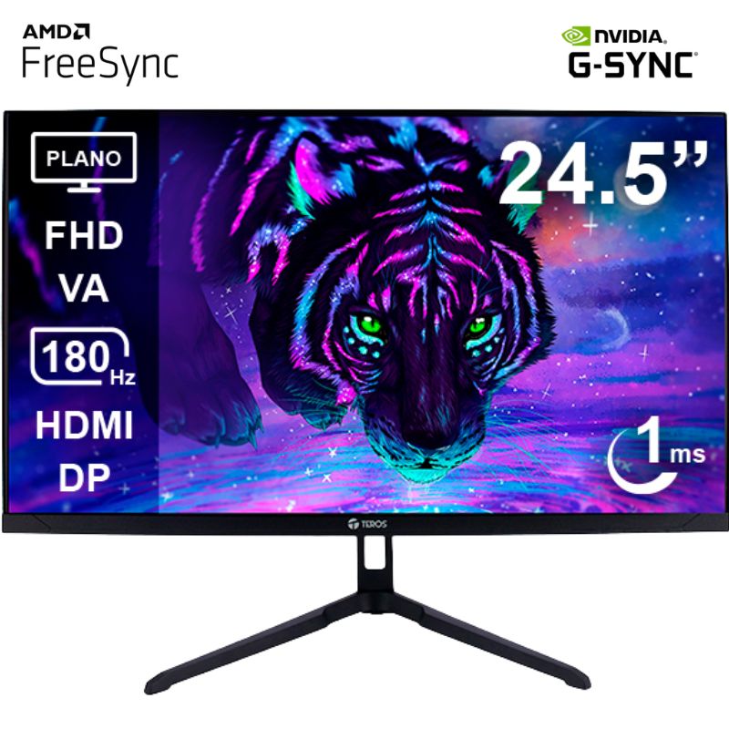 Monitor Plano Gaming Teros TE-2475G 24.5" FHD VA, 180Hz 1ms, HDMI, DP, Audio Out, Negro.