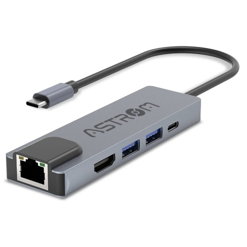 Hub USB-C 5 en 1 Astrom MH 2355, 2Ports USB 3.0, 1Port Type-c, 1Port HDMI, 1Port RJ45.