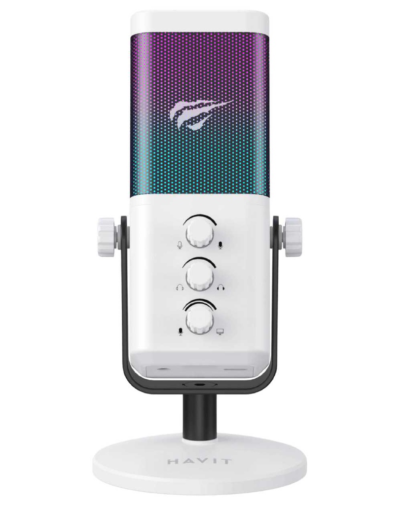 Micrófono Havit GK65, Cardioide, RGB, White, USB.